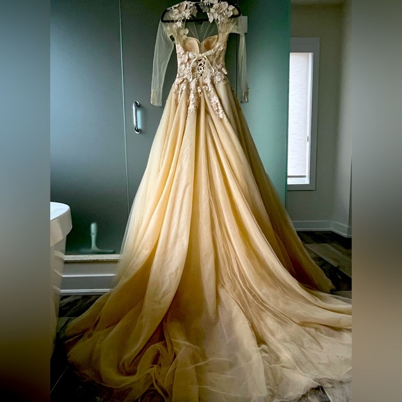 Cream A-Line Gown with Illusion Sleeves and Floral Appliqué - Picture 4 of 4